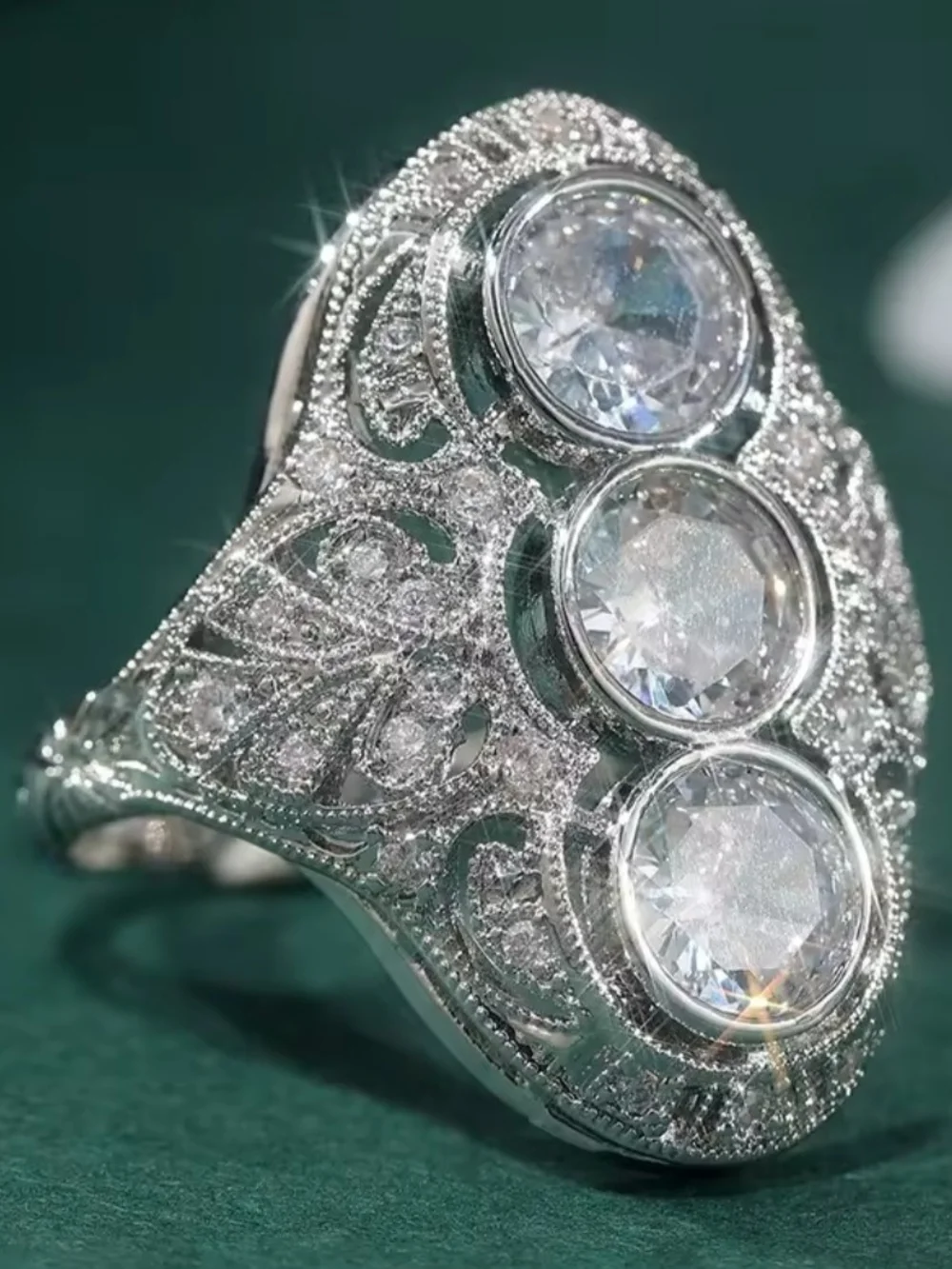White Rhodium Three Stone White Quartz Filigree Ring